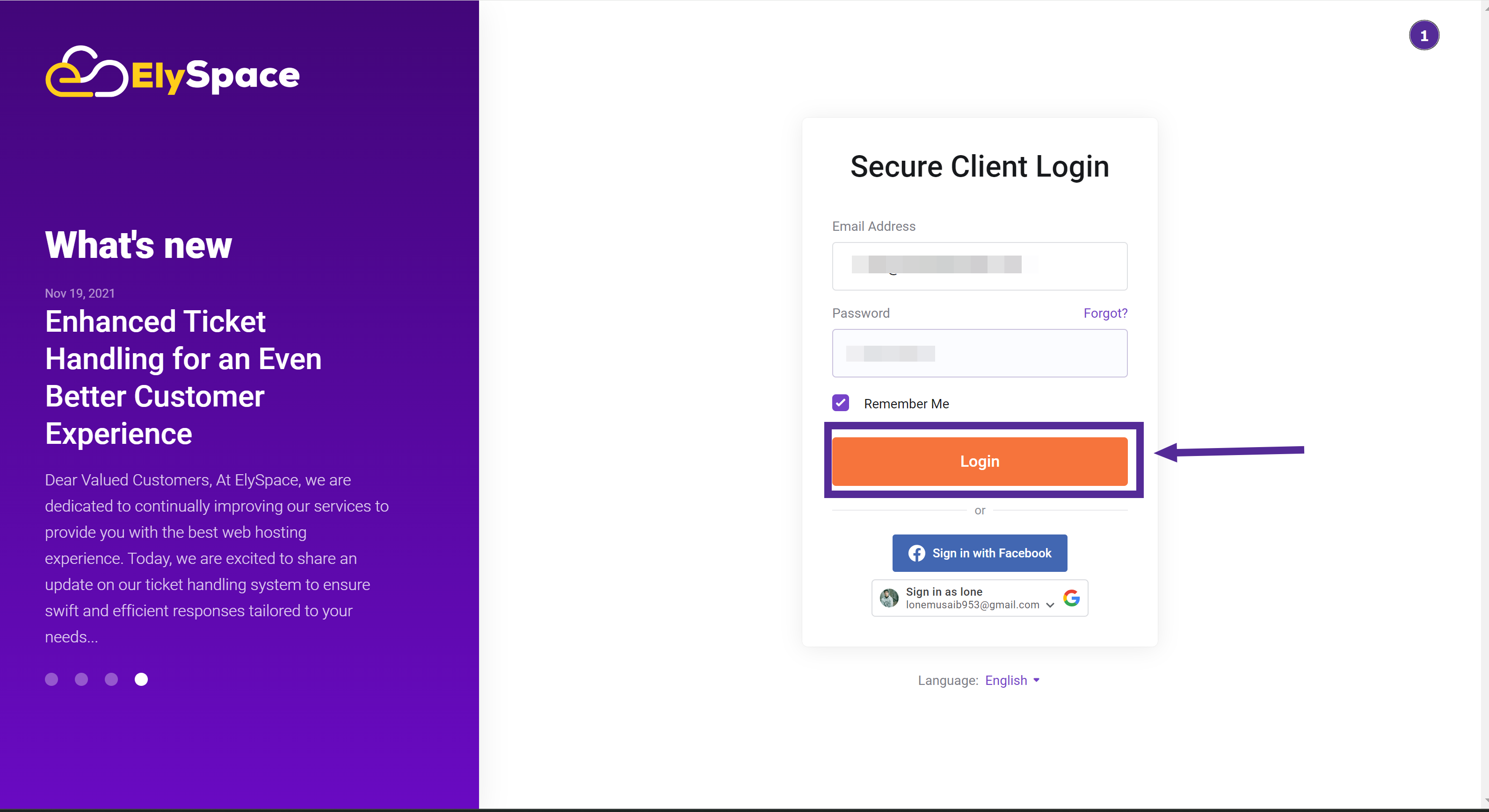 login to your ElySpace account client area