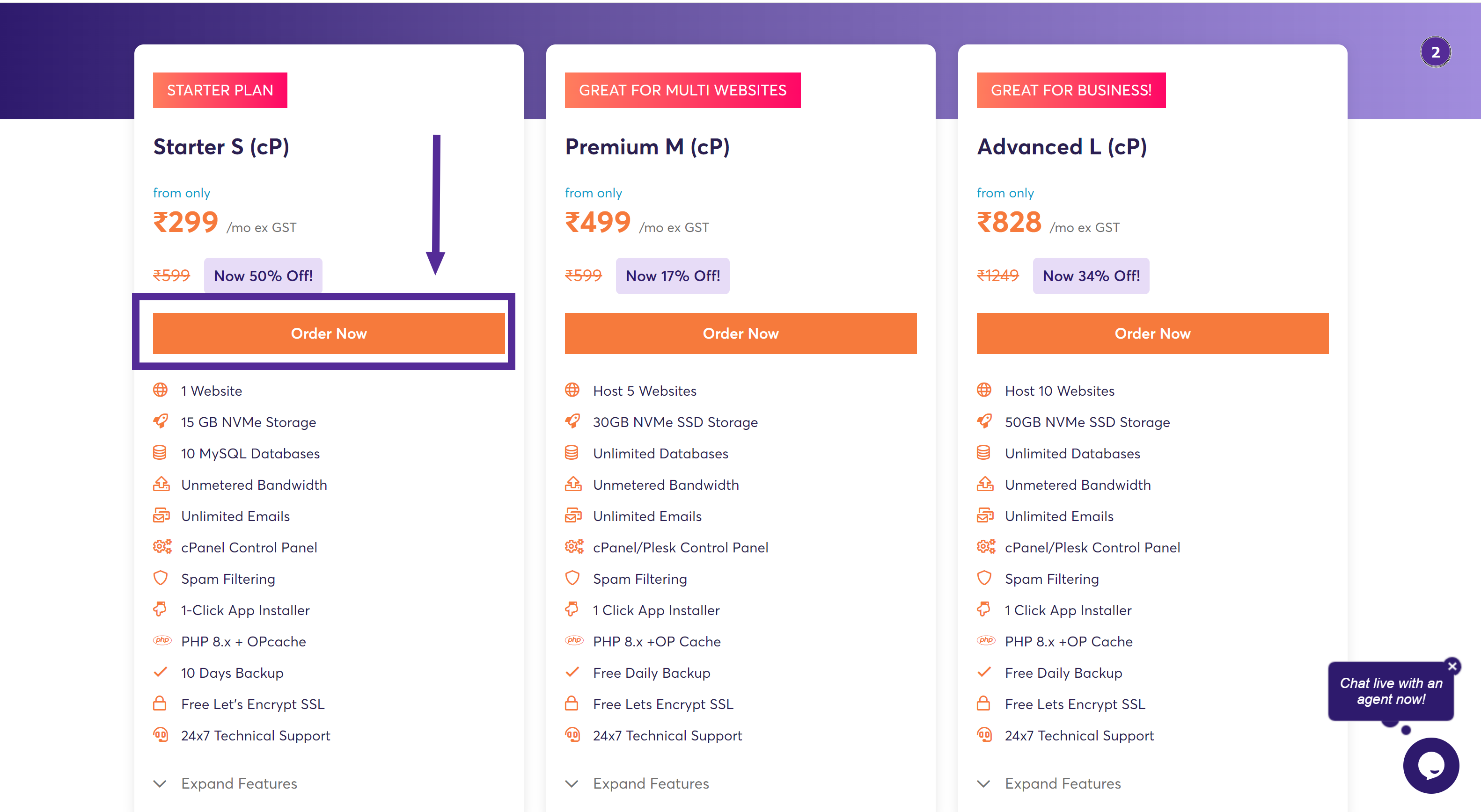 select your hositng plan 