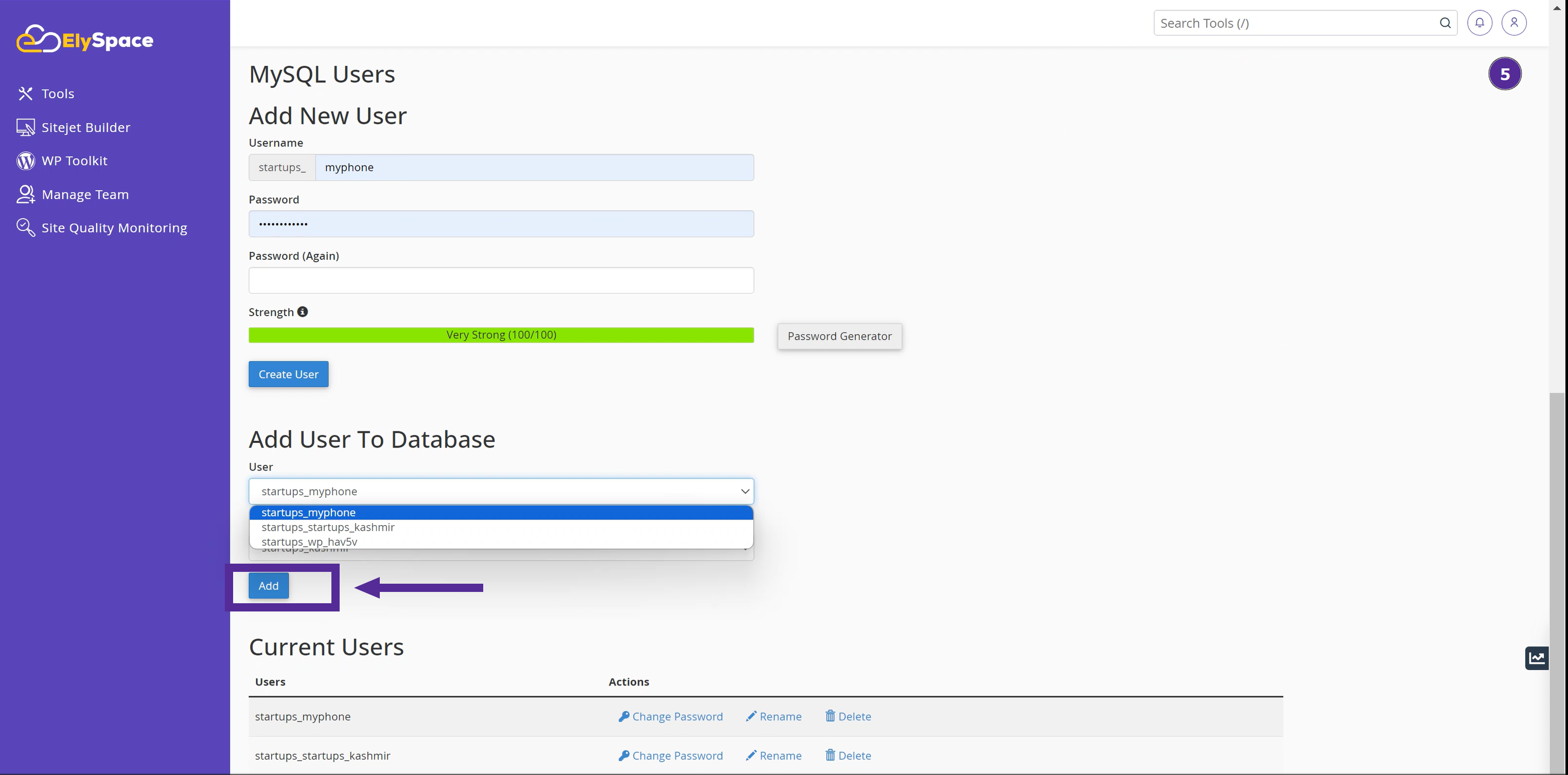 select the database in which database you want to add user  