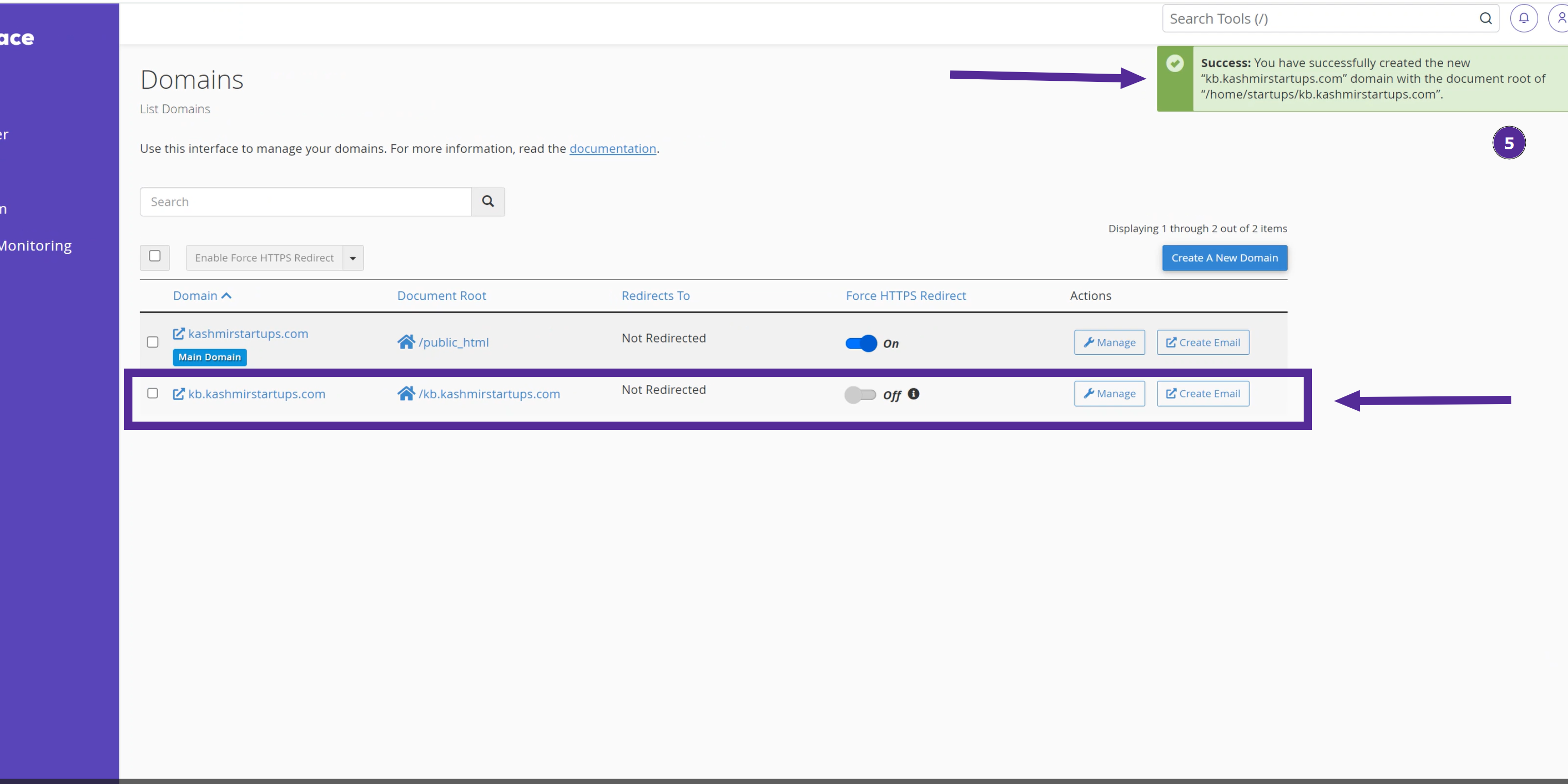 subdomain creation sccessful 