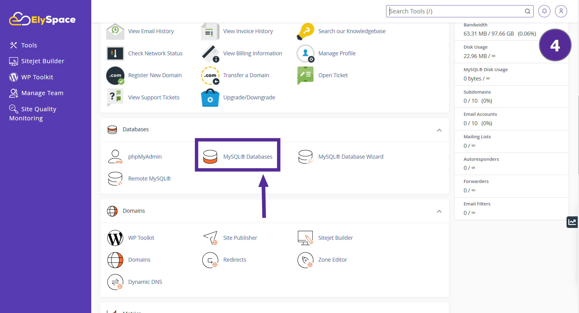 access the mysql database section